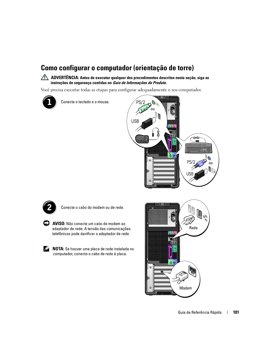 Dell DCTA manual Como configurar o computador orientação de torre, PS/2 orou, 101, Conecte o teclado e o mouse 