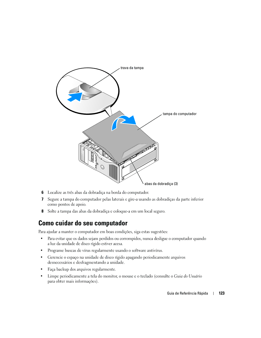 Dell DCTA manual Como cuidar do seu computador, 123, Trava da tampa Tampa do computador Abas da dobradiça 