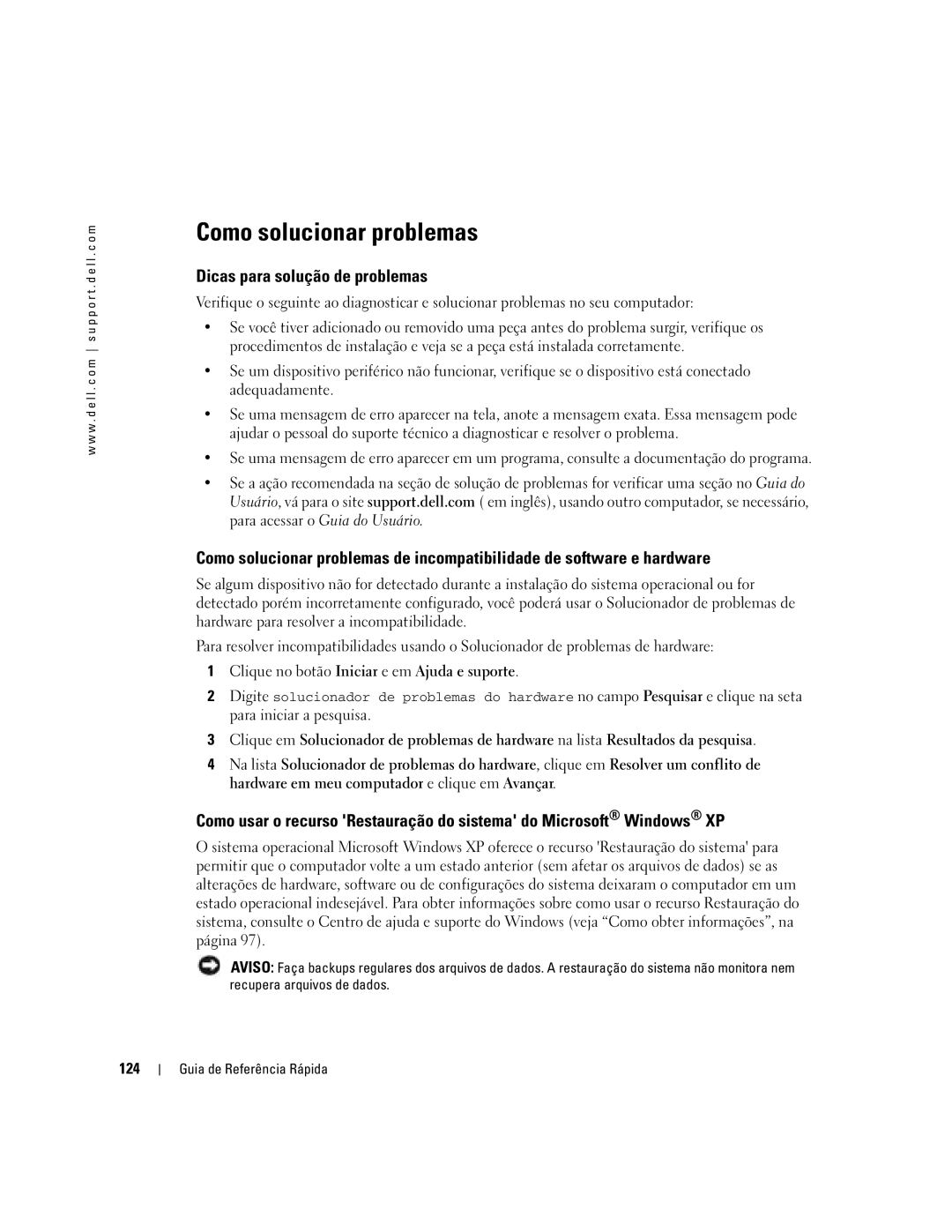 Dell DCTA manual Como solucionar problemas, Dicas para solução de problemas, 124 