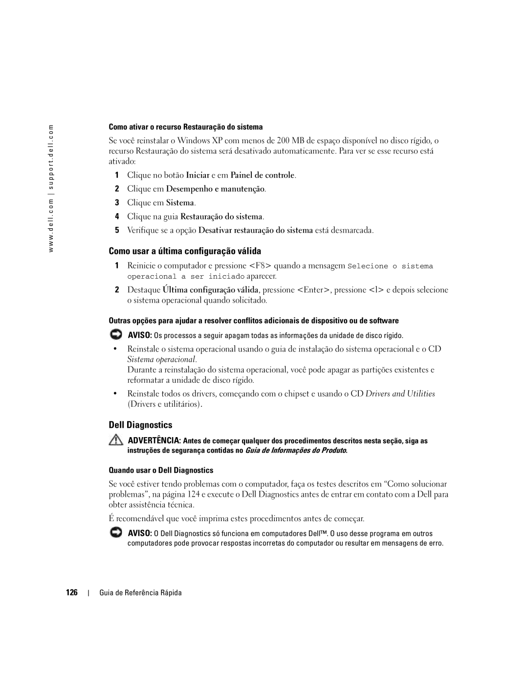 Dell DCTA manual Como usar a última configuração válida, Clique em Sistema, 126 