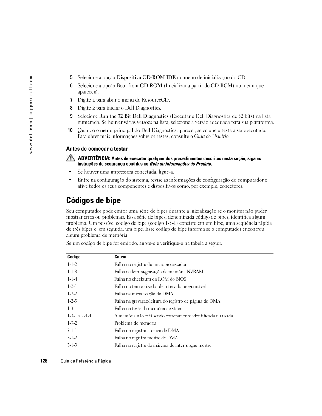 Dell DCTA manual Códigos de bipe, Antes de começar a testar, Se houver uma impressora conectada, ligue-a, 128 