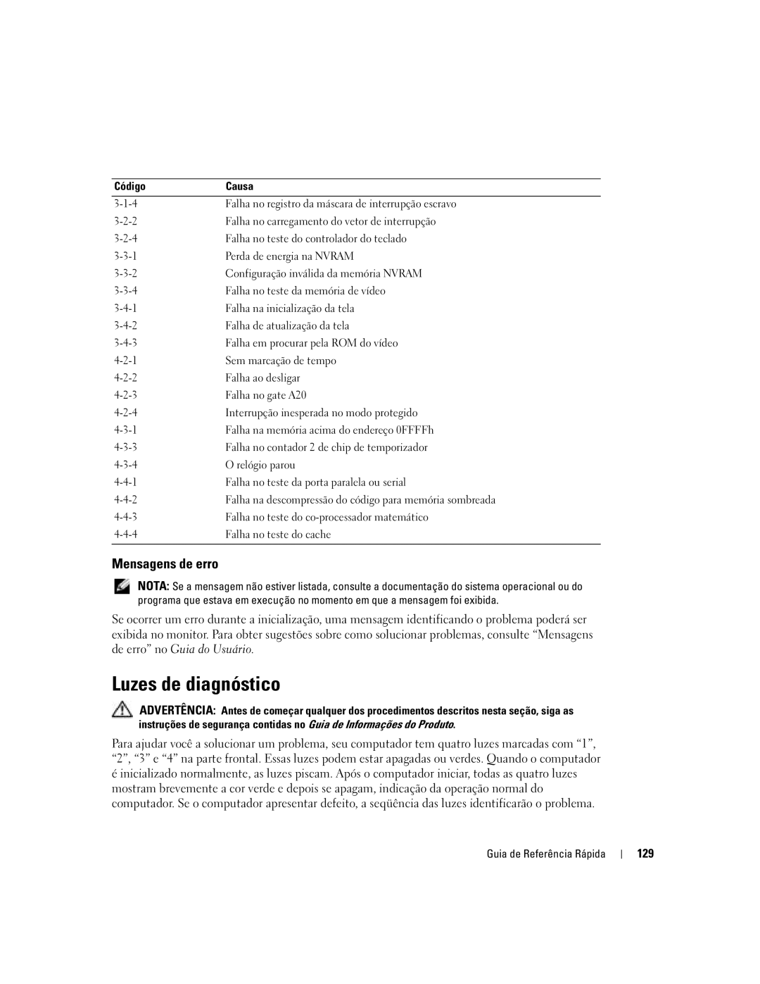 Dell DCTA manual Luzes de diagnóstico, Mensagens de erro, 129 