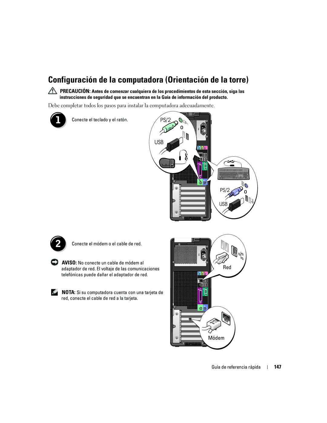 Dell DCTA manual Configuración de la computadora Orientación de la torre, Módem, 147 