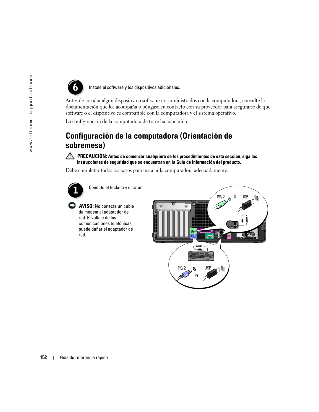 Dell DCTA manual Configuración de la computadora Orientación de sobremesa, 152 