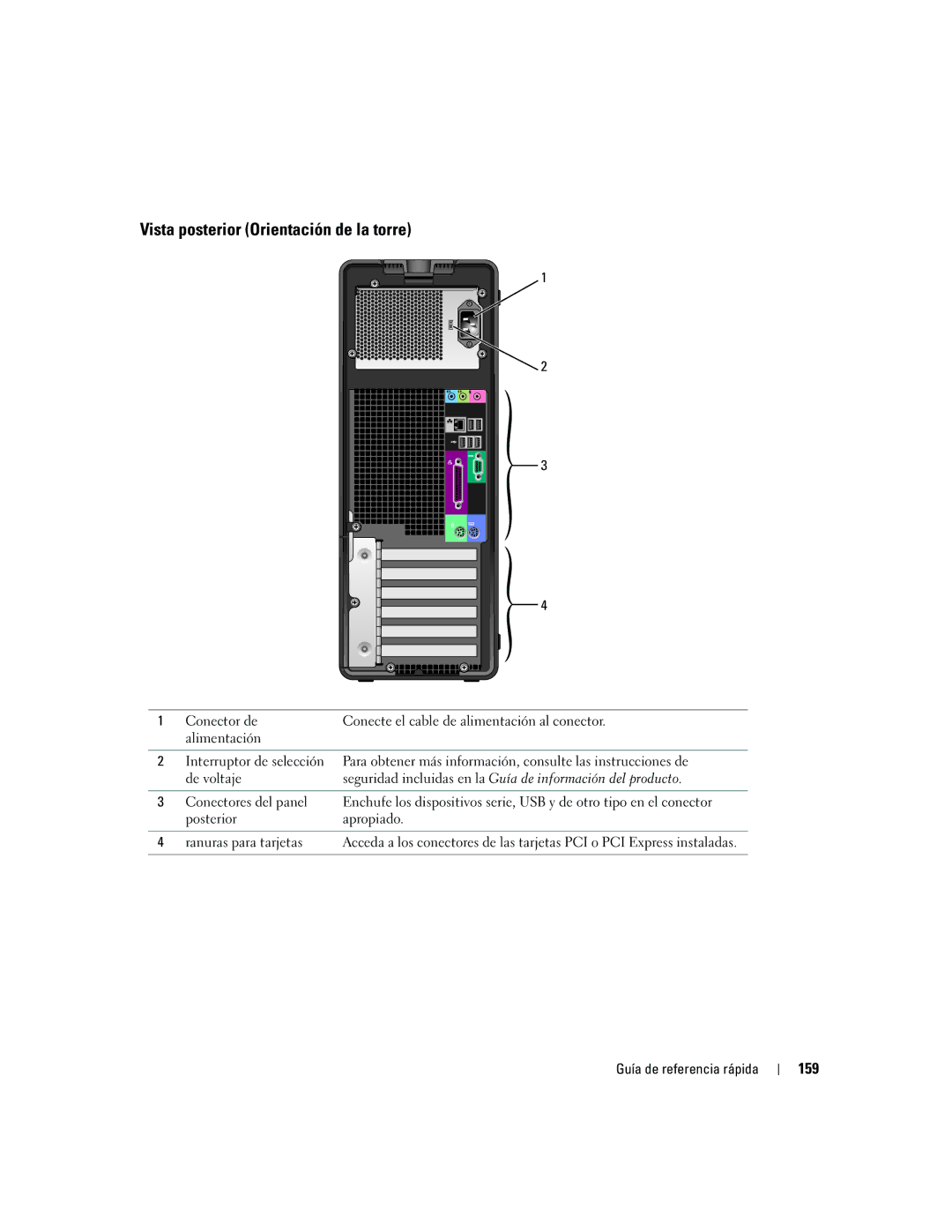 Dell DCTA manual Vista posterior Orientación de la torre, 159, Seguridad incluidas en la Guía de información del producto 