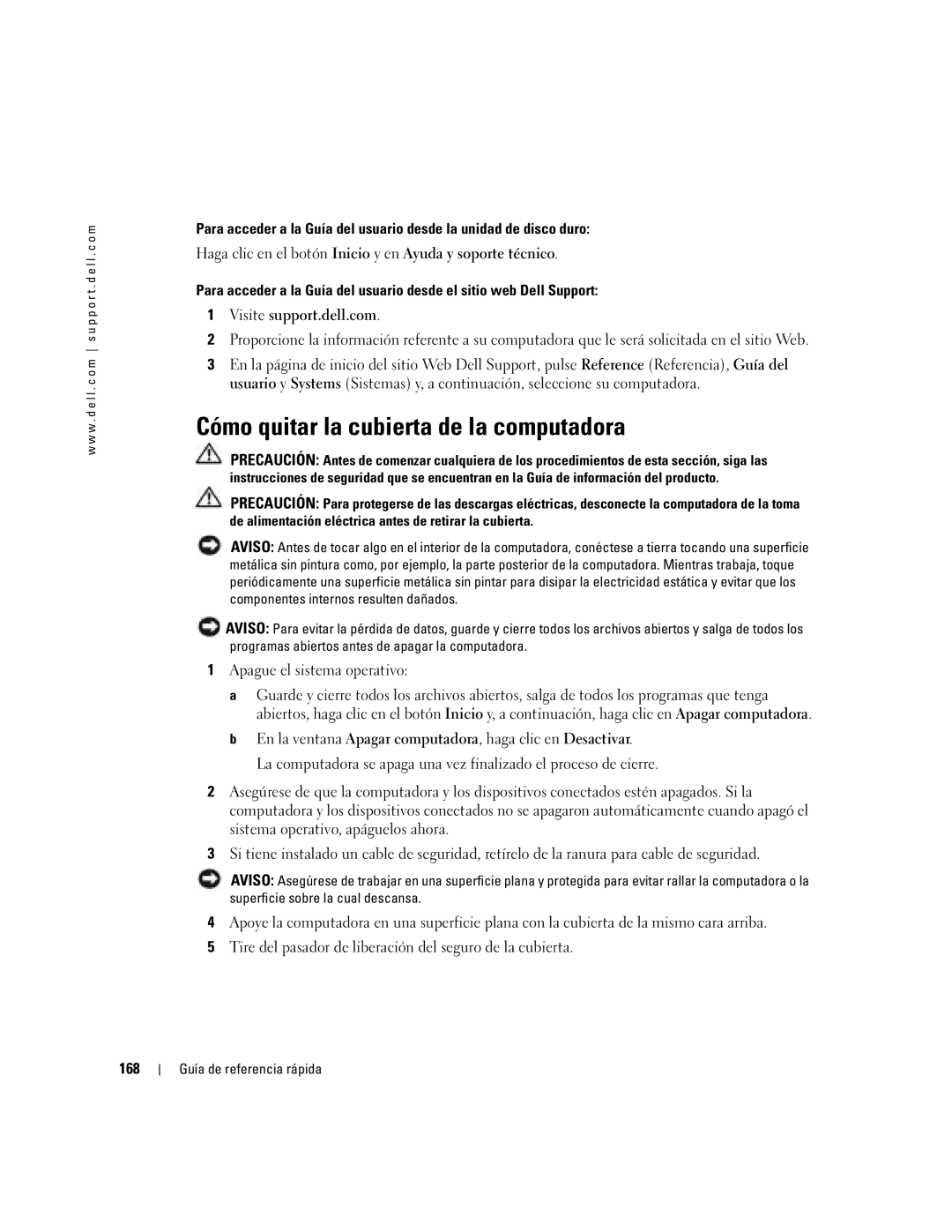 Dell DCTA manual Cómo quitar la cubierta de la computadora, 168 