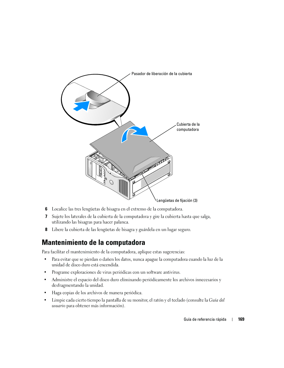 Dell DCTA manual Mantenimiento de la computadora, 169, Pasador de liberación de la cubierta, Lengüetas de fijación 