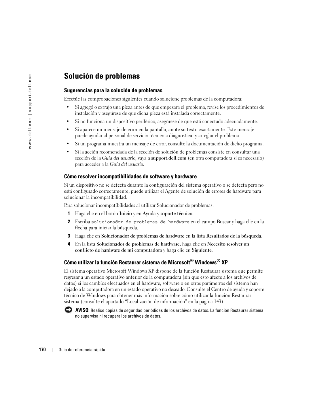 Dell DCTA manual Solución de problemas, Sugerencias para la solución de problemas, 170 