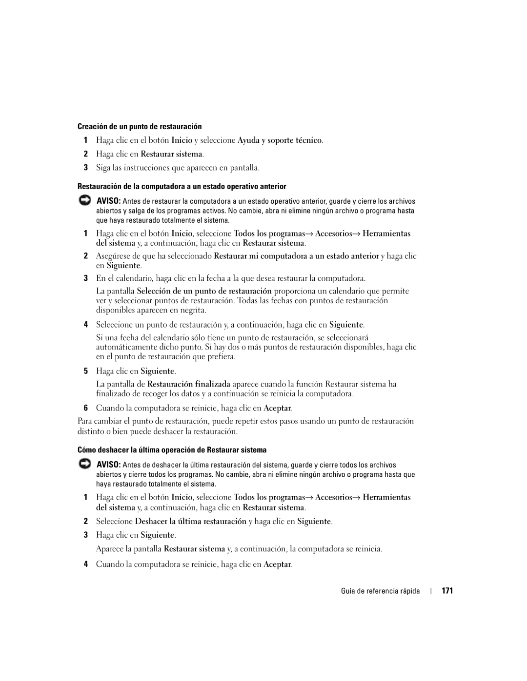 Dell DCTA manual Creación de un punto de restauración, Cómo deshacer la última operación de Restaurar sistema, 171 