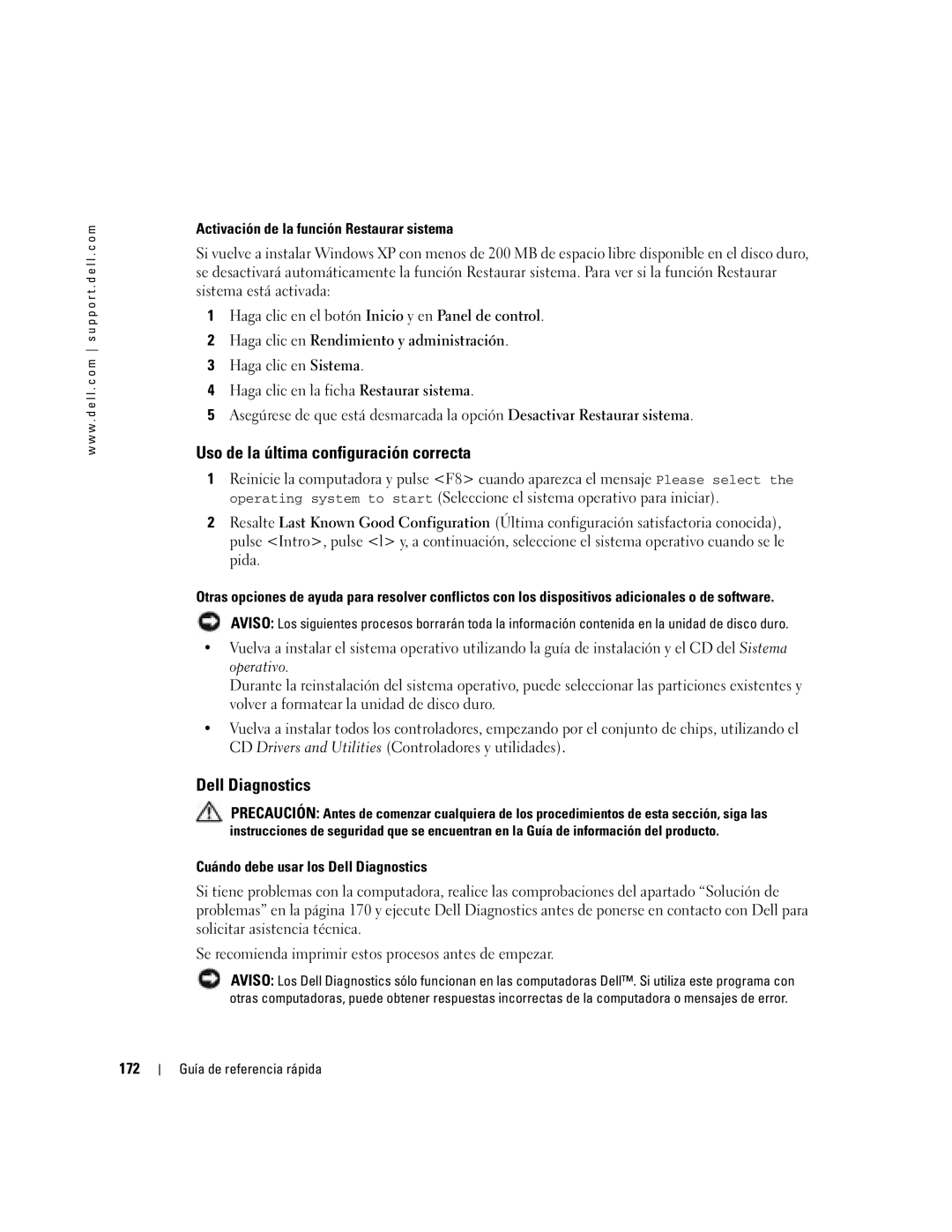 Dell DCTA manual Uso de la última configuración correcta, Activación de la función Restaurar sistema, 172 