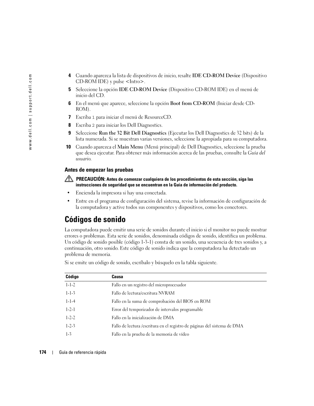 Dell DCTA manual Códigos de sonido, Antes de empezar las pruebas, 174 