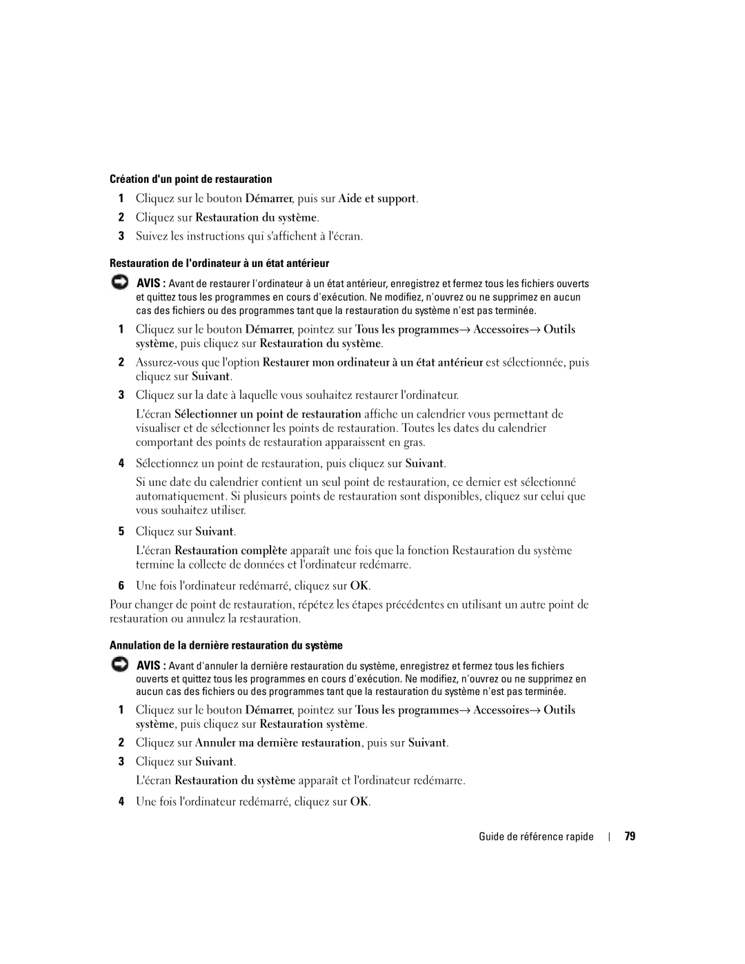 Dell DCTA manual Création dun point de restauration, Restauration de lordinateur à un état antérieur 