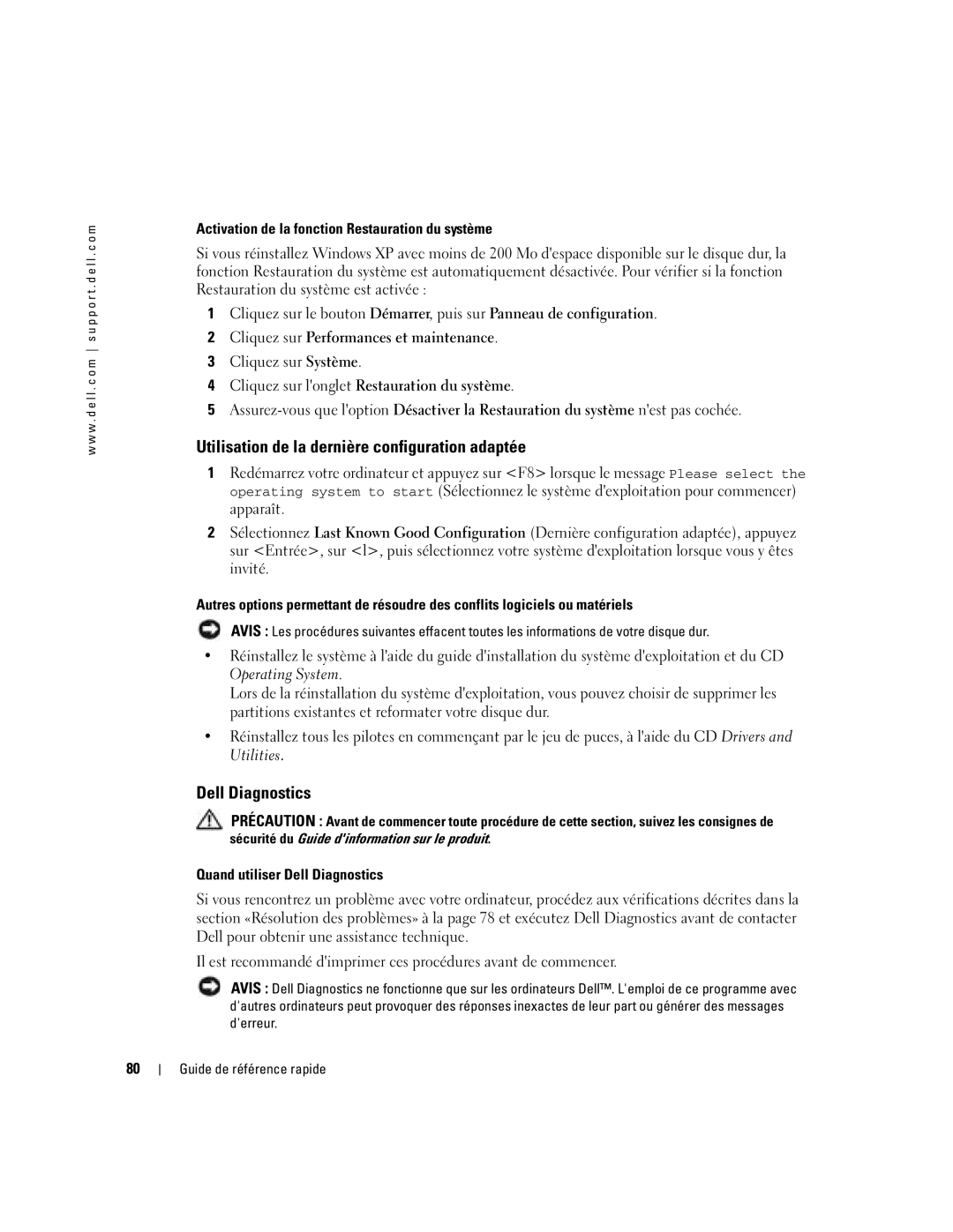 Dell DCTA manual Utilisation de la dernière configuration adaptée, Activation de la fonction Restauration du système 