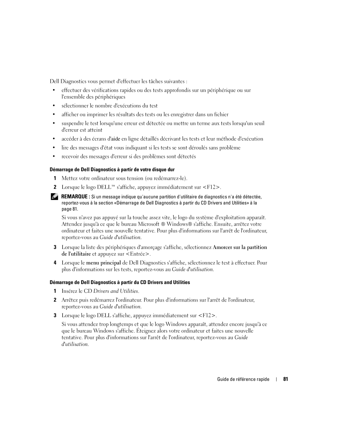 Dell DCTA manual Démarrage de Dell Diagnostics à partir de votre disque dur 