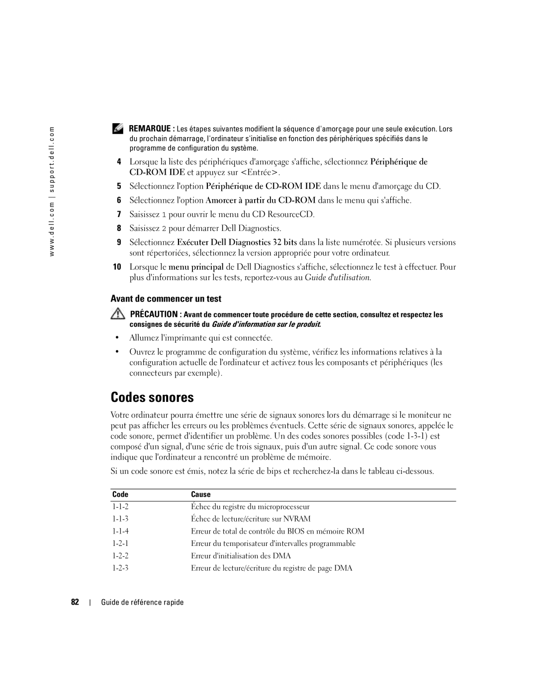 Dell DCTA manual Codes sonores, Avant de commencer un test 