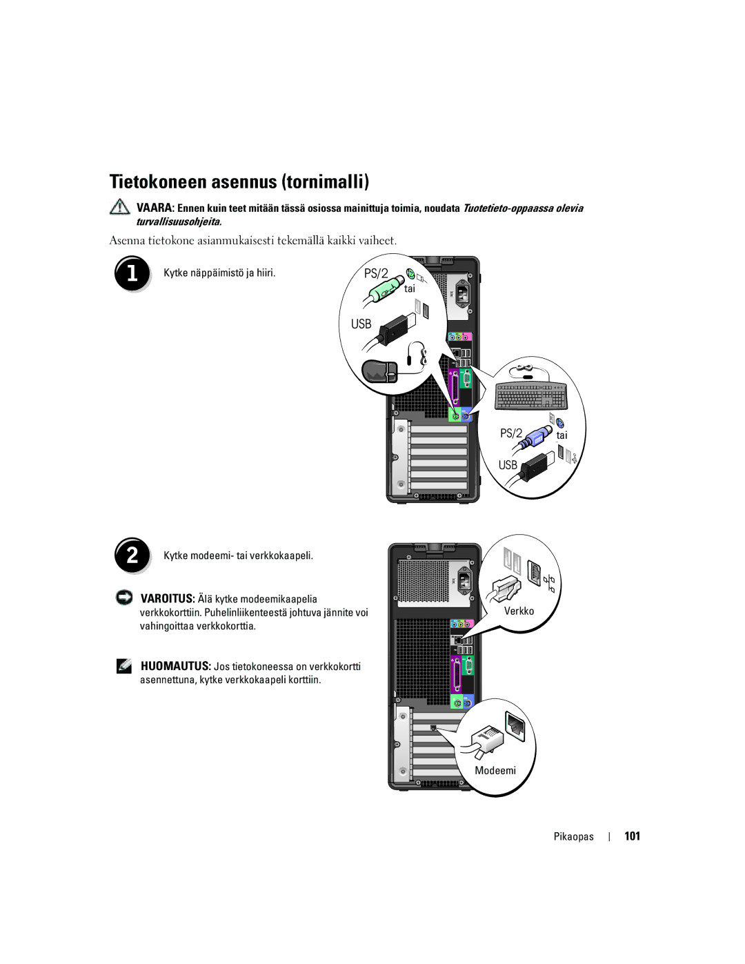 Dell DCTA manual Tietokoneen asennus tornimalli, PS/2 ortai, 101, Kytke näppäimistö ja hiiri PS/2, Verkko Modeemi Pikaopas 