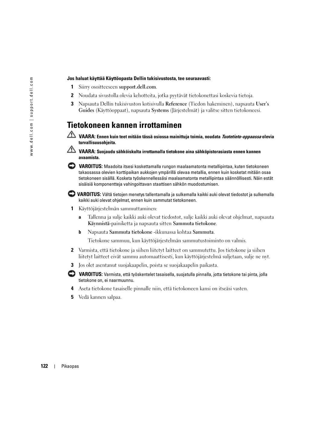 Dell DCTA manual Tietokoneen kannen irrottaminen, 122 