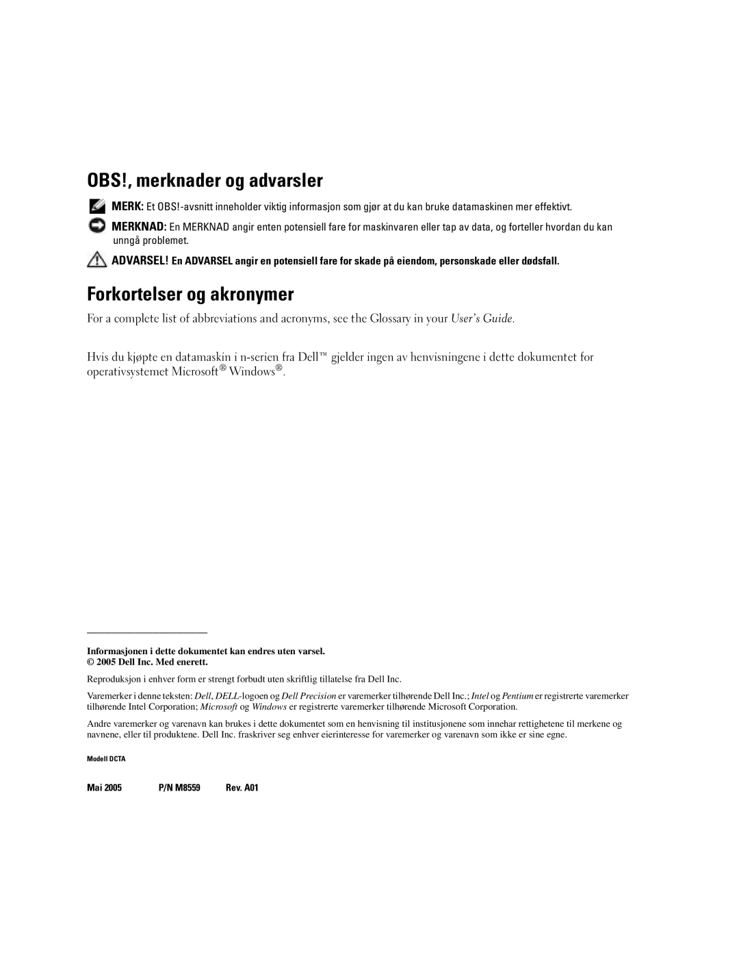 Dell DCTA manual OBS!, merknader og advarsler, Forkortelser og akronymer 