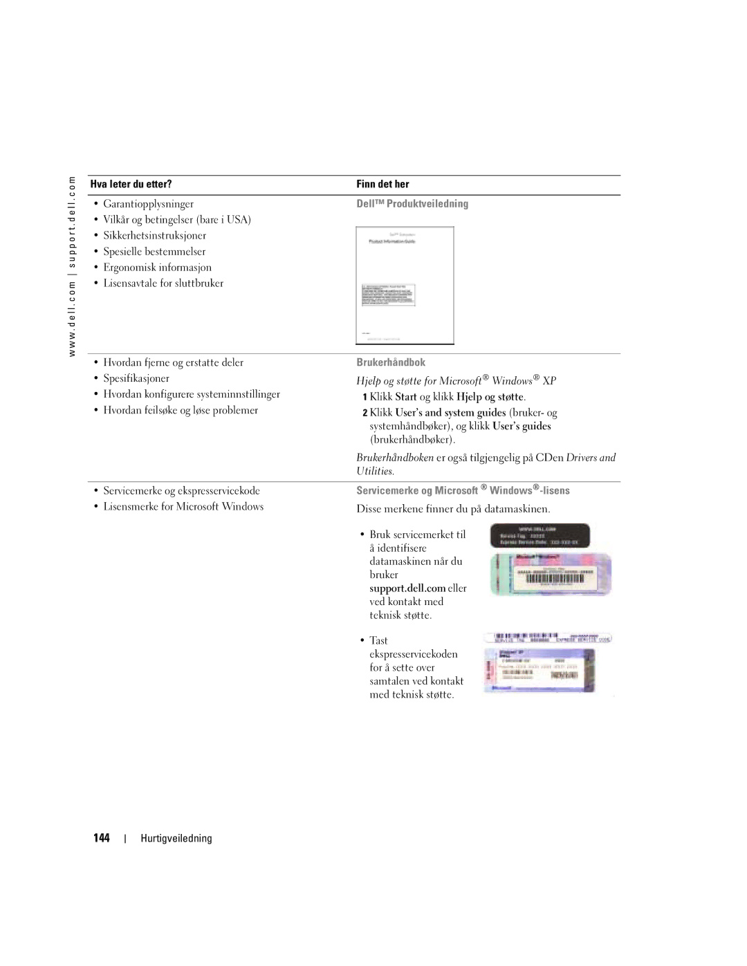 Dell DCTA manual 144, Dell Produktveiledning Brukerhåndbok, Klikk Start og klikk Hjelp og støtte, Utilities 