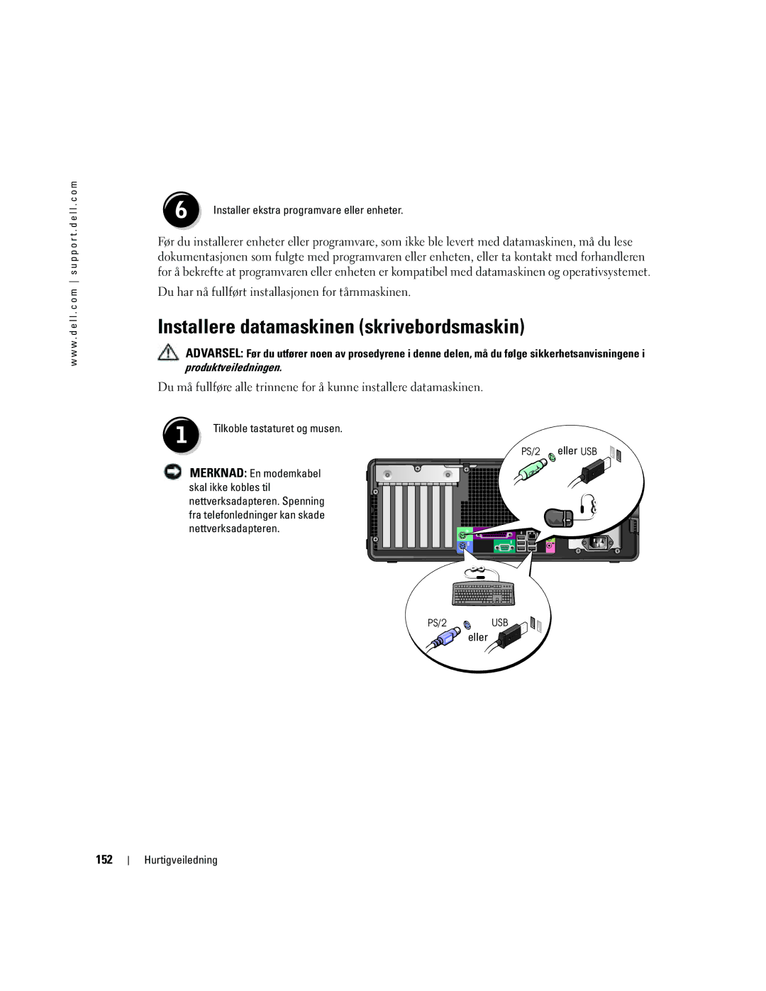 Dell DCTA manual Installere datamaskinen skrivebordsmaskin, 152, Produktveiledningen, Eller 