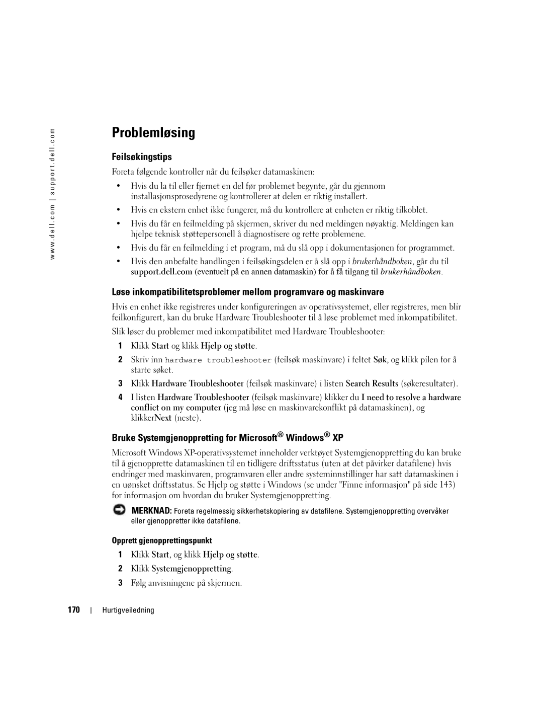 Dell DCTA manual Problemløsing, Feilsøkingstips, Bruke Systemgjenoppretting for Microsoft Windows XP, 170 