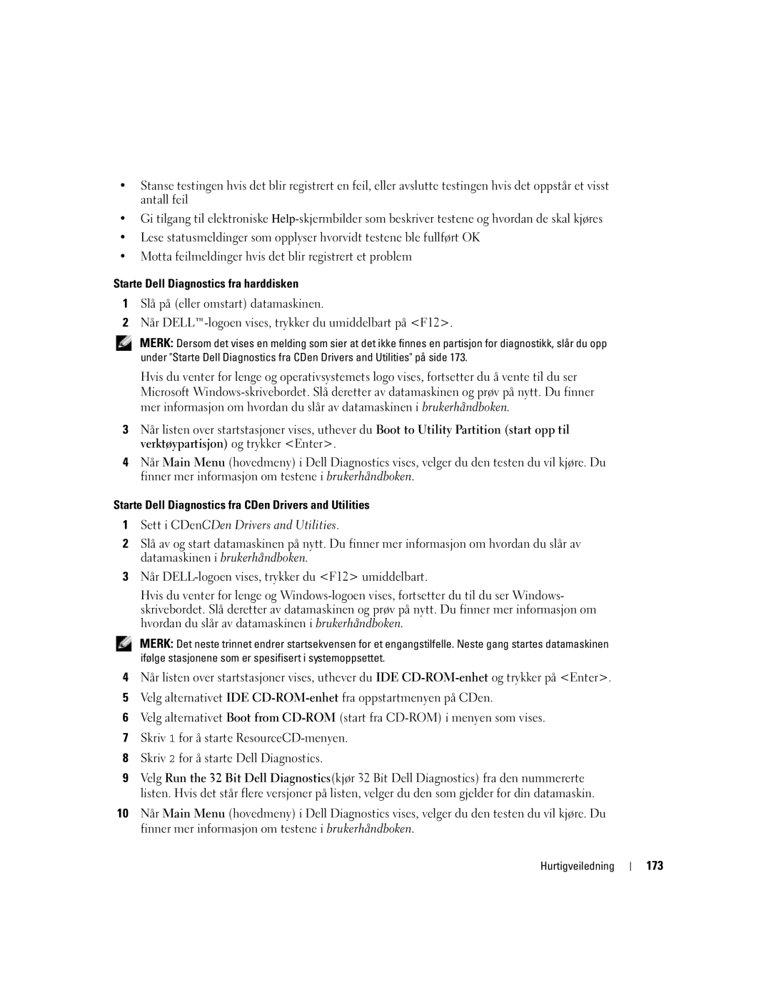 Dell DCTA manual Starte Dell Diagnostics fra harddisken, 173 