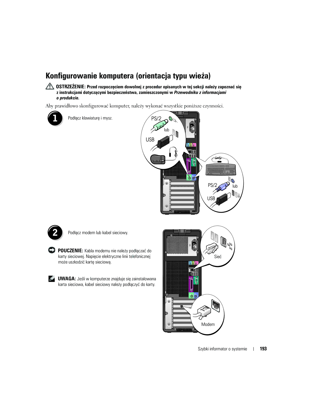 Dell DCTA manual PS/2 orlub, 193, Podłącz klawiaturę i mysz PS/2 Lub, Sieć Modem Szybki informator o systemie 