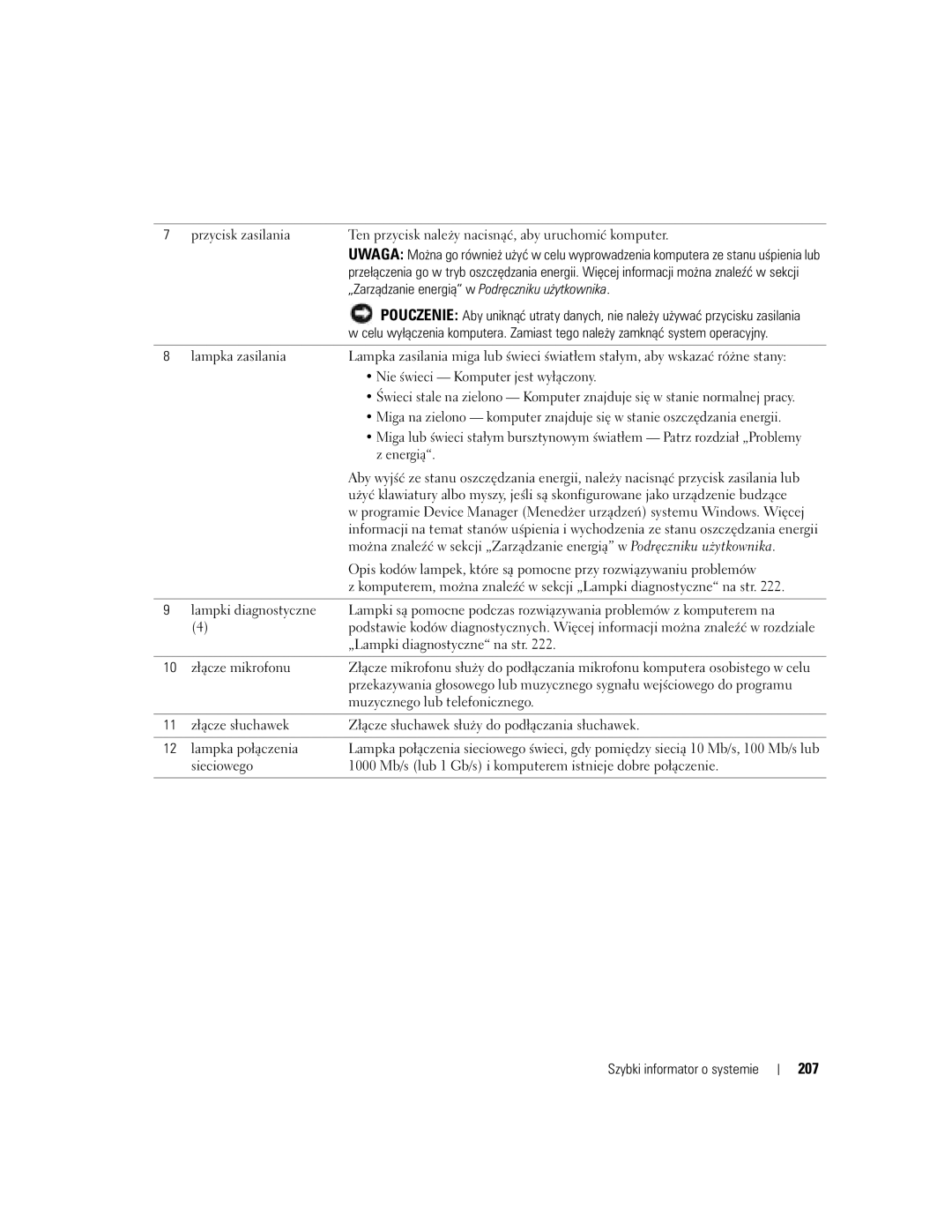 Dell DCTA manual 207, „Zarządzanie energią w Podręczniku użytkownika 