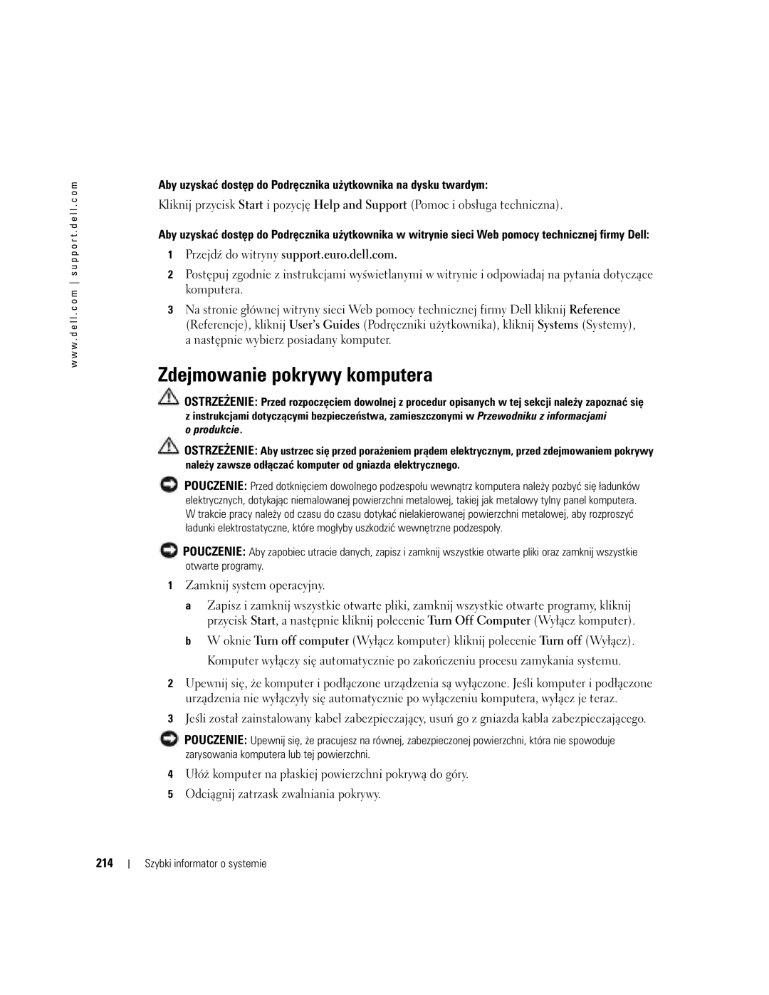 Dell DCTA manual Przejdź do witryny support.euro.dell.com, 214 