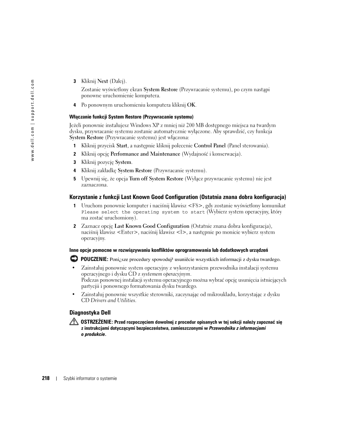 Dell DCTA manual Diagnostyka Dell, 218 