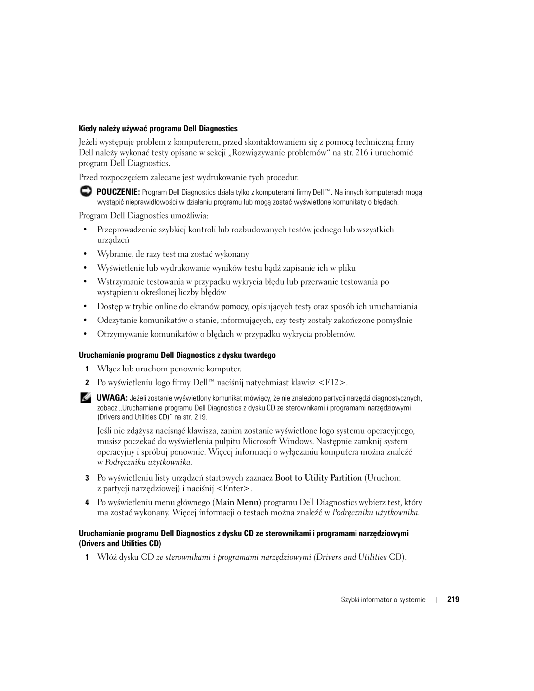 Dell DCTA manual Kiedy należy używać programu Dell Diagnostics, 219 