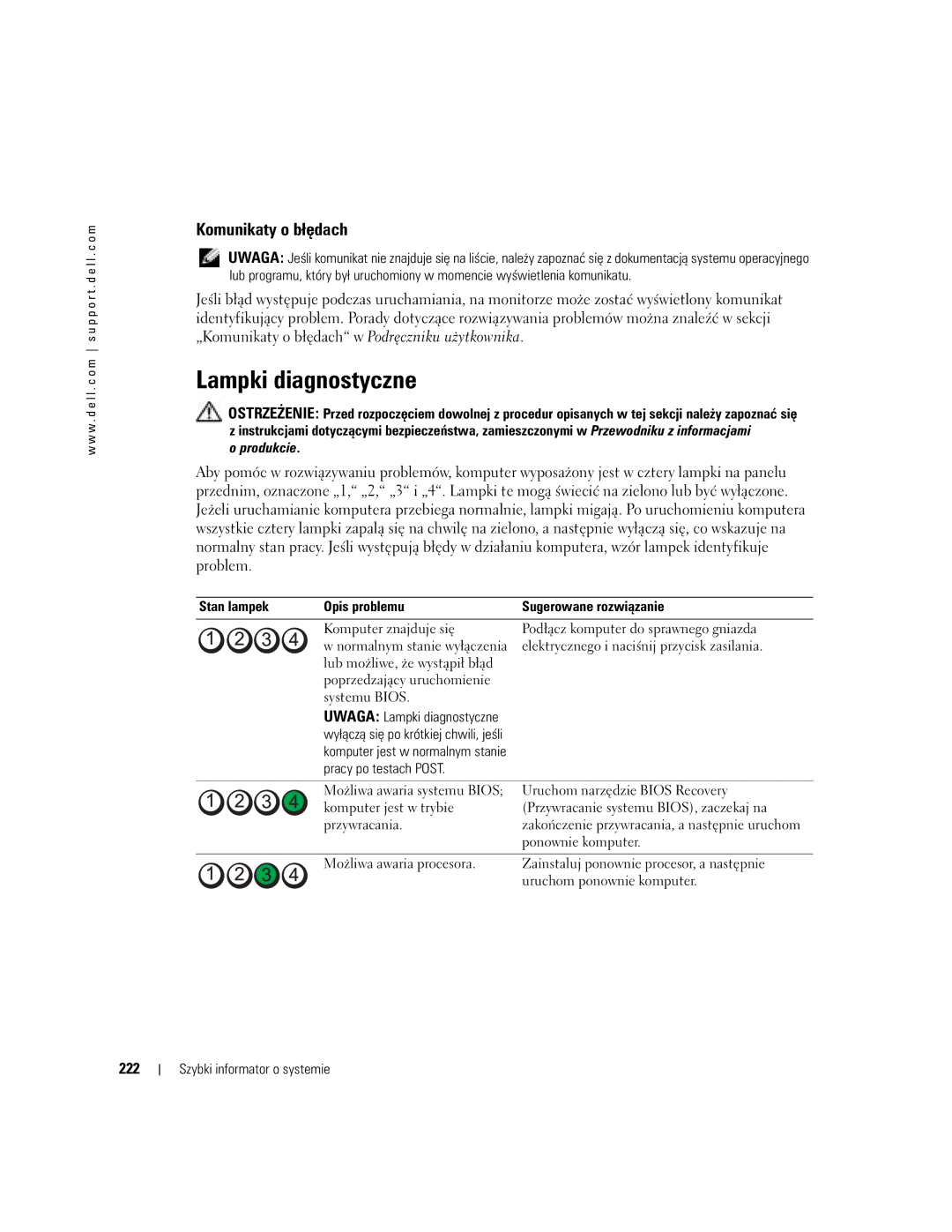 Dell DCTA manual Komunikaty o błędach, 222, Pracy po testach Post 