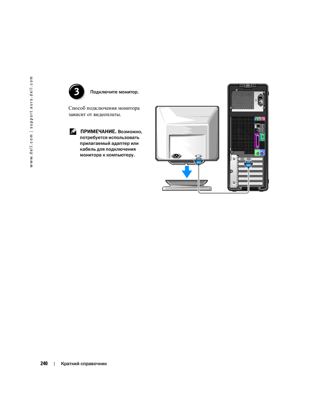 Dell DCTA manual 240, Способ подключения монитора зависит от видеоплаты 