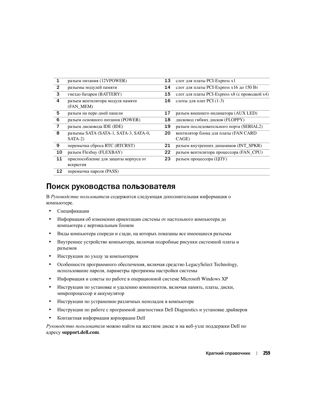 Dell DCTA manual Поиск руководства пользователя, 259, Разъем вентилятора модуля памяти Слоты для плат PCI 