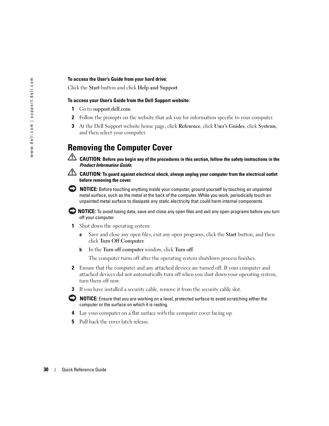 Dell DCTA manual Removing the Computer Cover, To access the User’s Guide from your hard drive 