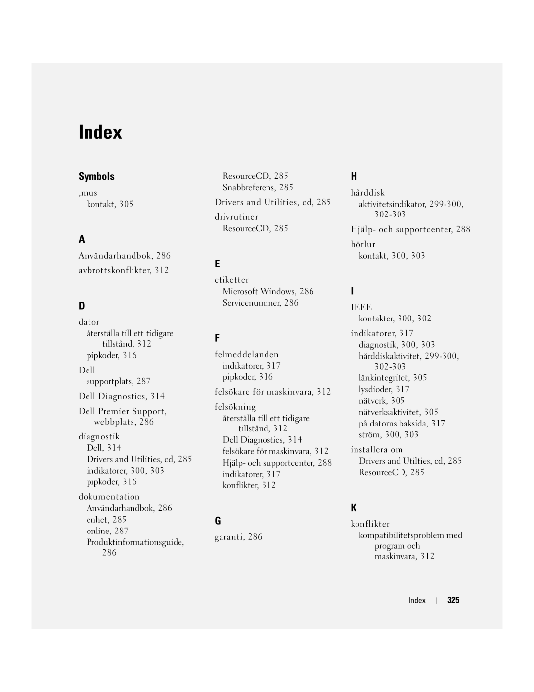 Dell DCTA manual Symbols, 325 