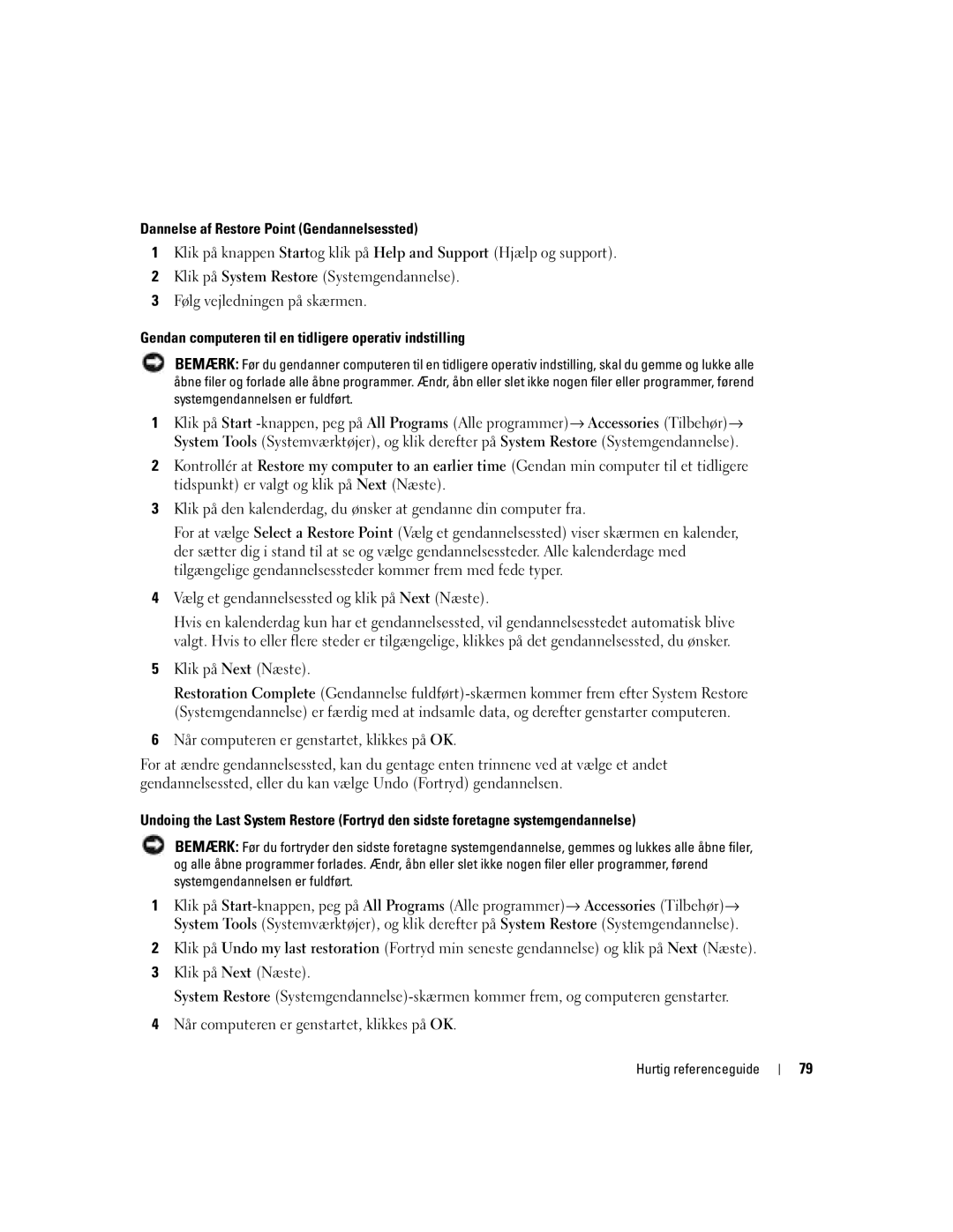 Dell DCTA manual Dannelse af Restore Point Gendannelsessted, Gendan computeren til en tidligere operativ indstilling 