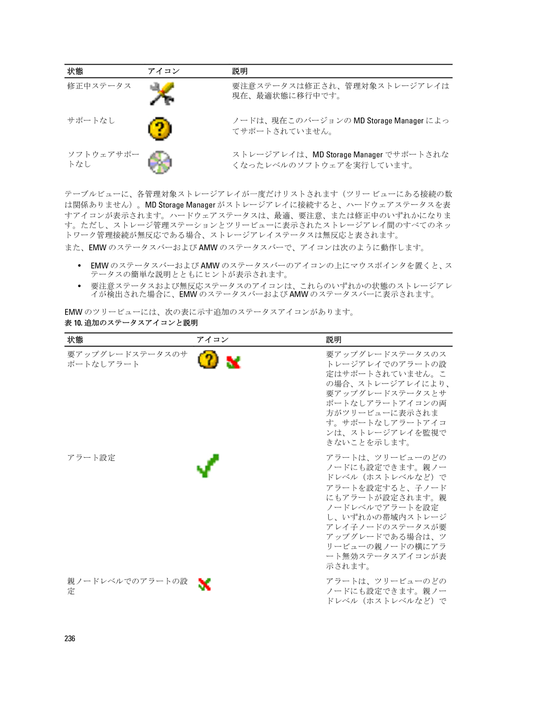 Dell dell power vault md series manual 修正中ステータス 要注意ステータスは修正され、管理対象ストレージアレイは 現在、最適状態に移行中です。 サポートなし, てサポートされていません。, ソフトウェアサポー 