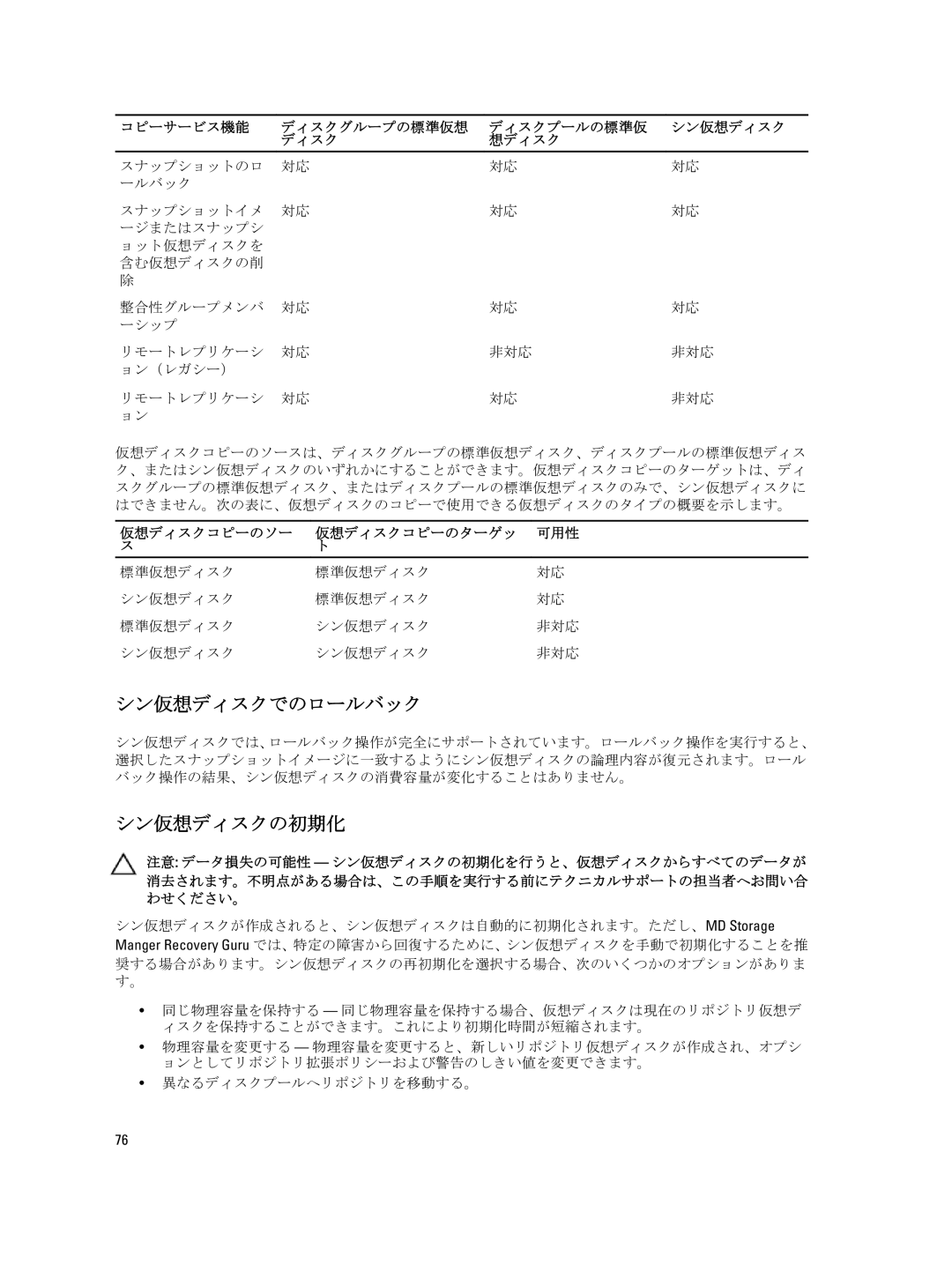 Dell dell power vault md series シン仮想ディスクでのロールバック, シン仮想ディスクの初期化, 仮想ディスクコピーのソー 仮想ディスクコピーのターゲッ 可用性, 標準仮想ディスク シン仮想ディスク 非対応 