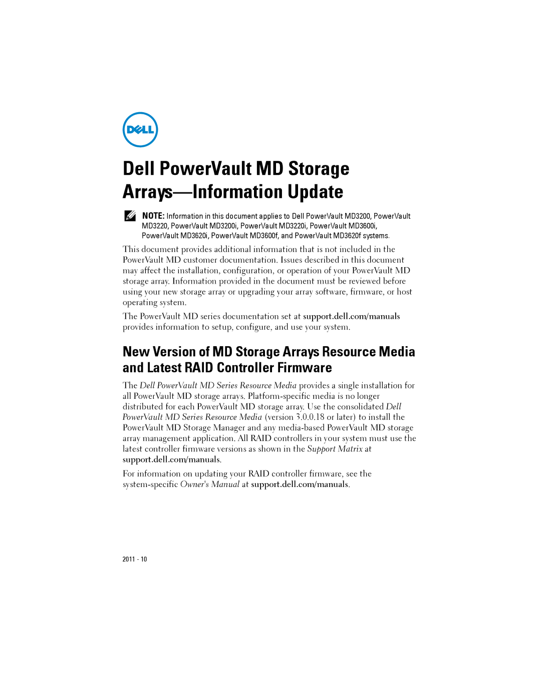 Dell dell power vault md storage arrays information update owner manual 