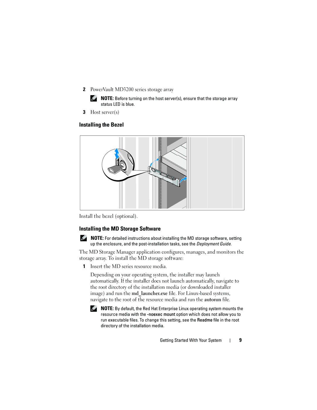 Dell dell power vault md3200 and md3220 storage arrays manual Installing the Bezel, Installing the MD Storage Software 