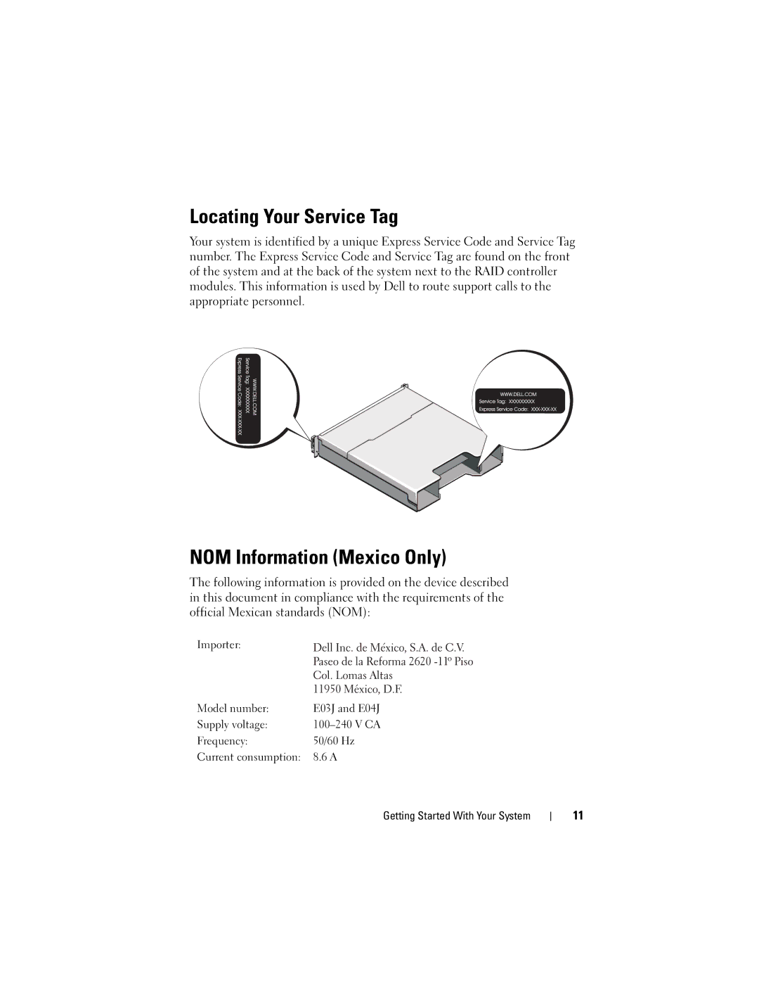 Dell dell power vault md3200 and md3220 storage arrays manual Locating Your Service Tag, NOM Information Mexico Only 