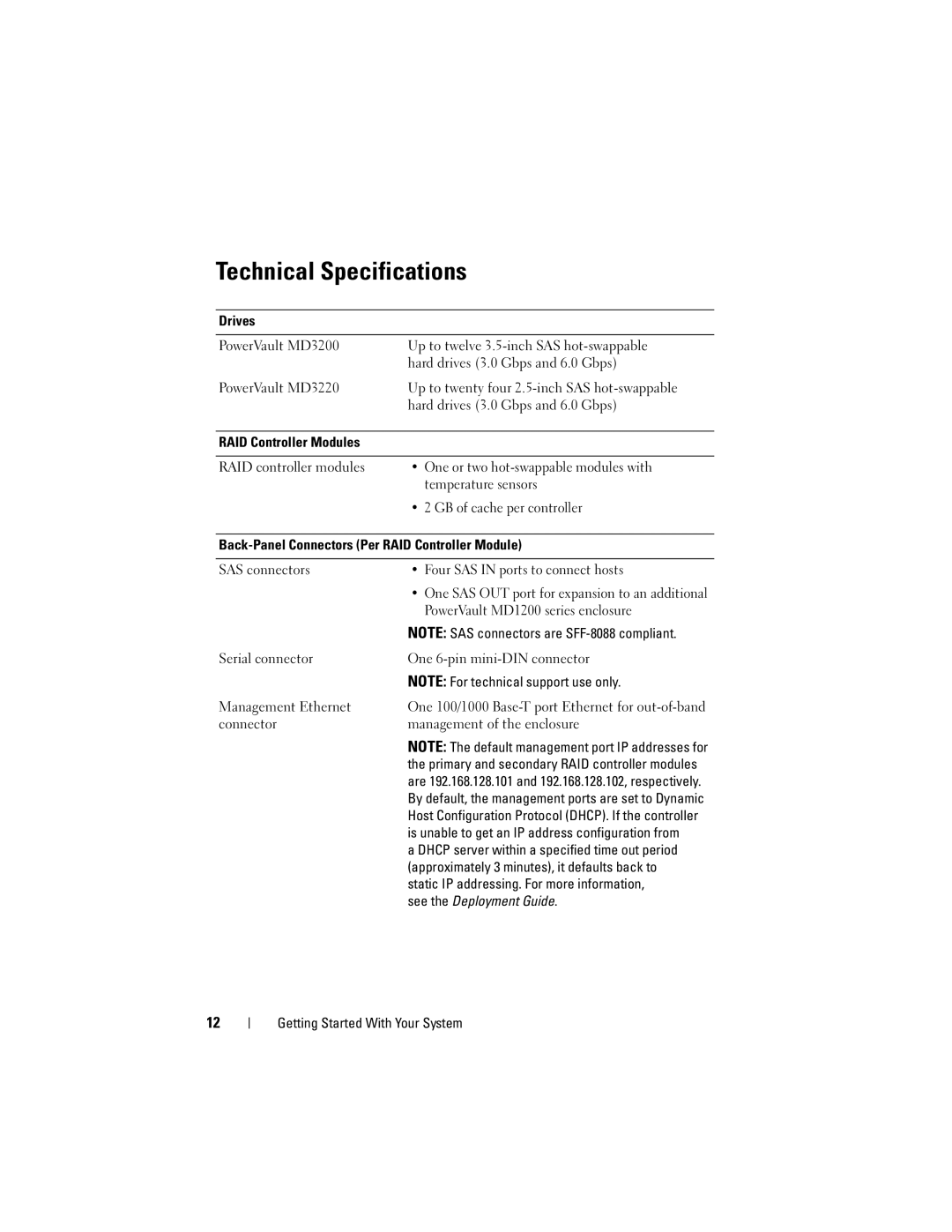 Dell dell power vault md3200 and md3220 storage arrays manual Technical Specifications, PowerVault MD1200 series enclosure 