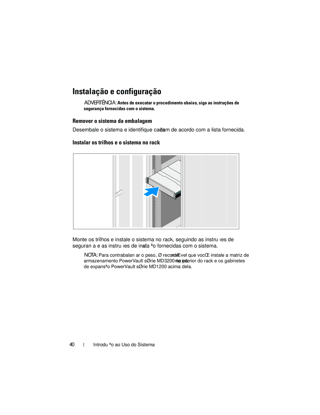 Dell dell power vault md3200 and md3220 storage arrays manual Instalação e configuração, Remover o sistema da embalagem 