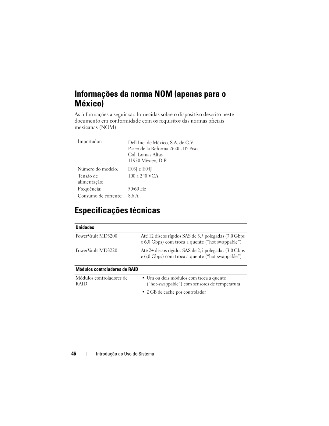 Dell dell power vault md3200 and md3220 storage arrays manual Informações da norma NOM apenas para o México 