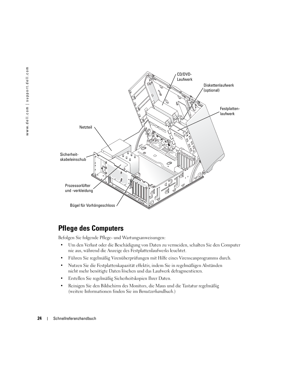 Dell dell precision workstation 370 systems manual Pflege des Computers, Laufwerk, Netzteil 