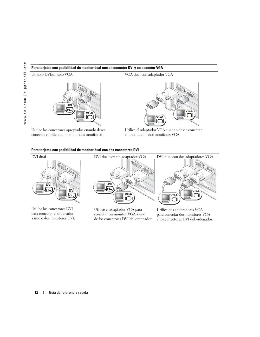 Dell dell precision workstation 370 systems manual Un solo DVI/un solo VGA VGA dual con adaptador VGA 