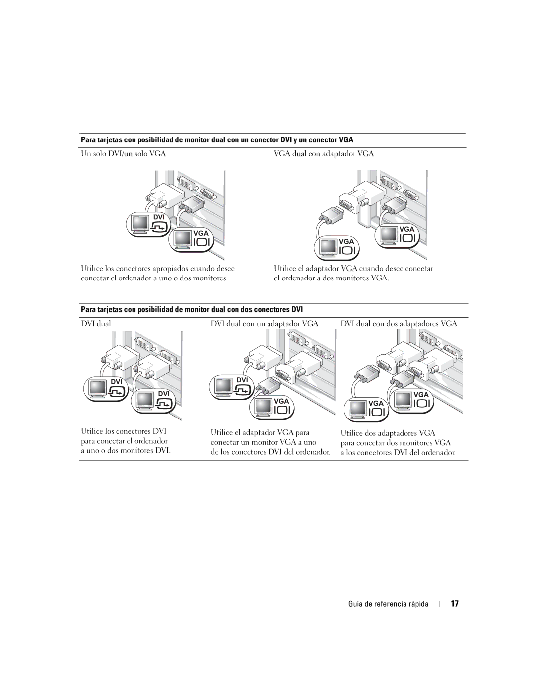 Dell dell precision workstation 370 systems manual Un solo DVI/un solo VGA VGA dual con adaptador VGA 