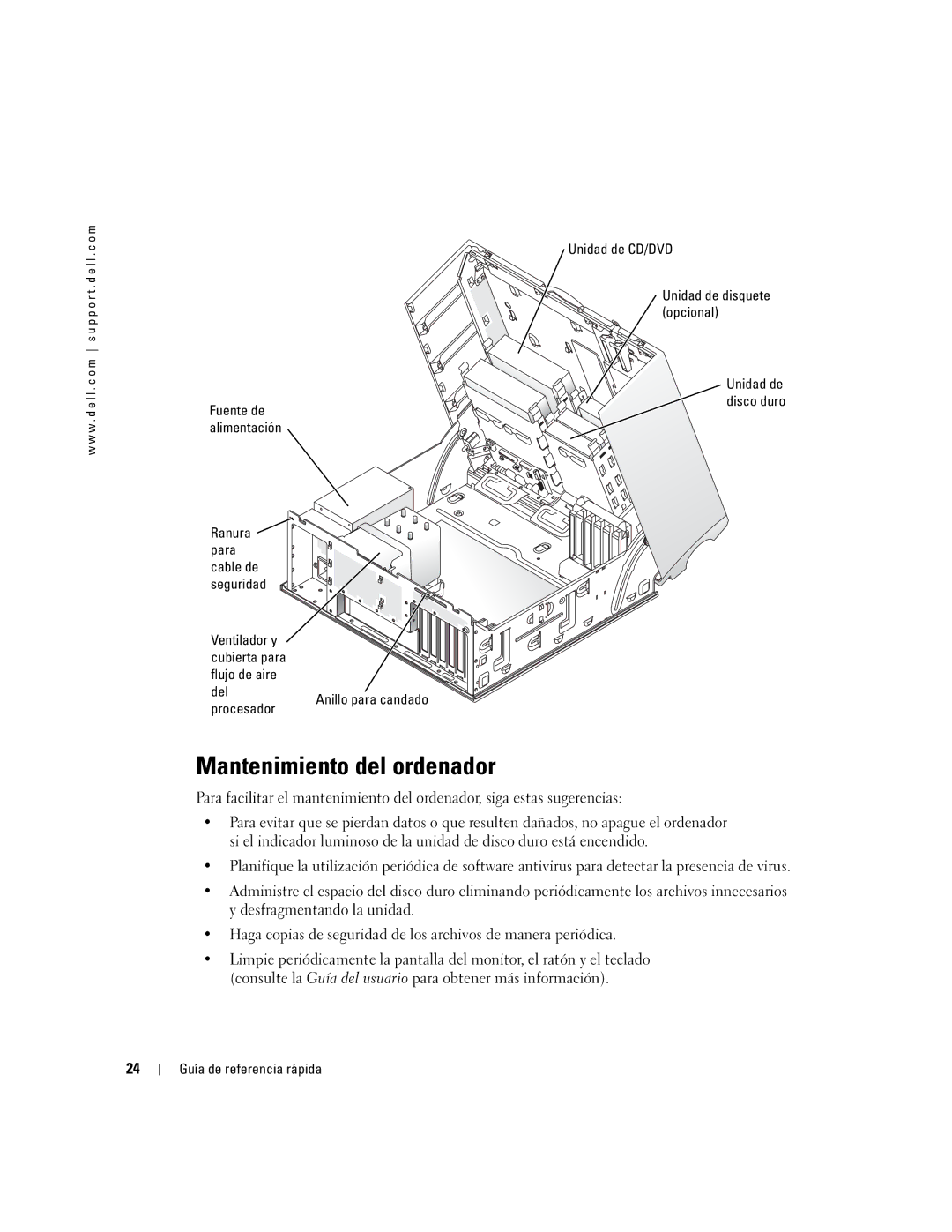 Dell dell precision workstation 370 systems manual Mantenimiento del ordenador, Unidad de CD/DVD 