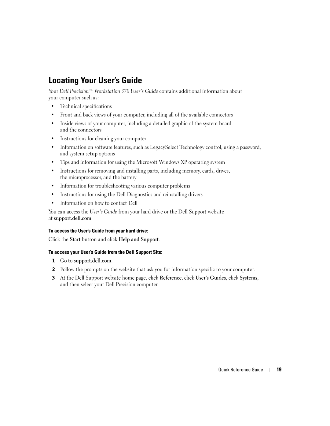 Dell dell precision workstation 370 systems Locating Your User’s Guide, To access the User’s Guide from your hard drive 